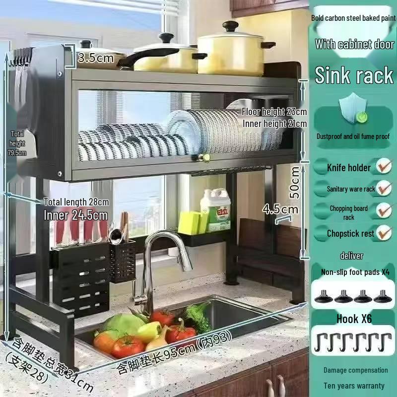 Multi-functional Kitchen Sink Cabinet Rack: Dustproof Countertop Storage for Bowls, Plates, and Dishes with Drainage.