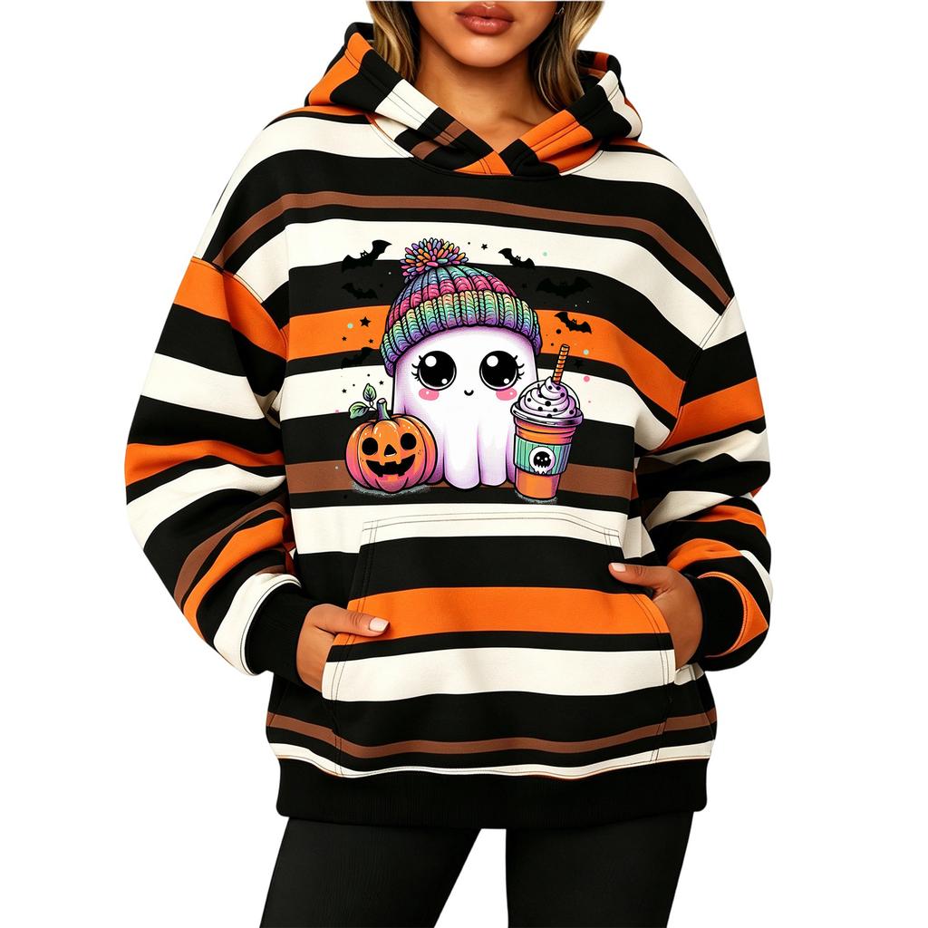 Women's Fashion Striped Print Long Sleeve Pullover Hoodie with Pockets for Halloween