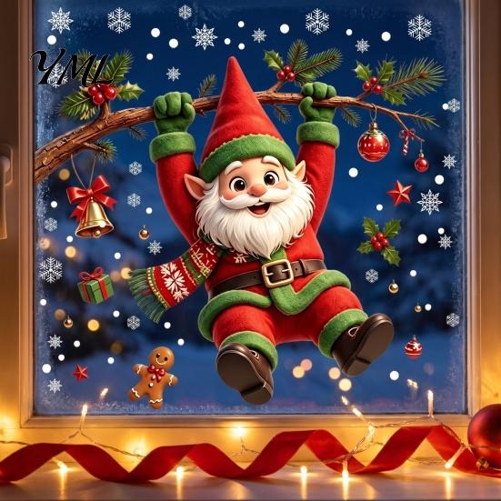 Holiday Party Decor Cute Gnome Christmas Static Window Cling, Removable Decal with Holly Bell Pattern Stickers Gingerbread Snowflake, for Home Living