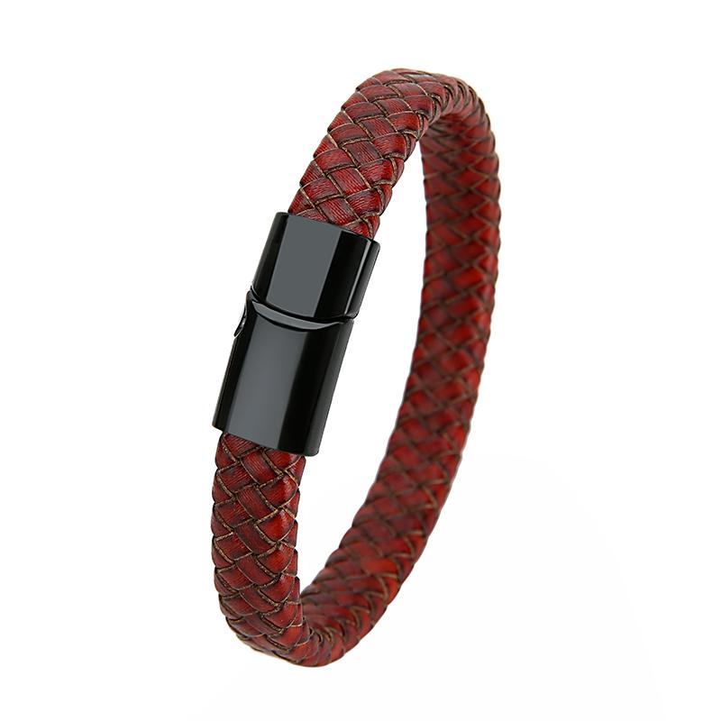 Mibrow Czarna Skórzana Pleciona Bransoleta Męska Rozmiar 10x5 12x6mm Modny Metalowy Magnetyczny Zapięcie Bransolety Owijane Punkowy Charm Biżuteria Męska