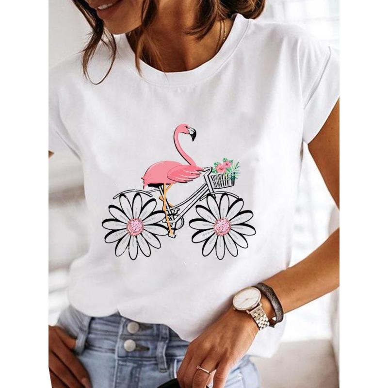 Spring Summer Women's Clothing Love Flower Plant Printed Casual Simple Trendy Top Round Neck Pure Cotton Short Sleeved T-Shirts Women’s