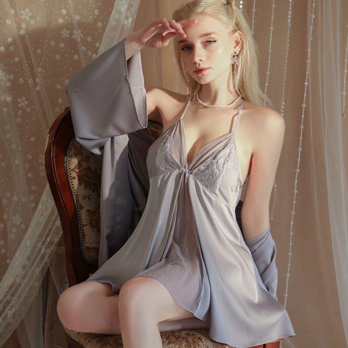 Women's Summer Thin Sexy Pajamas Suspender Pajamas Imitation Silk Two-piece Nightgown with Chest Pad