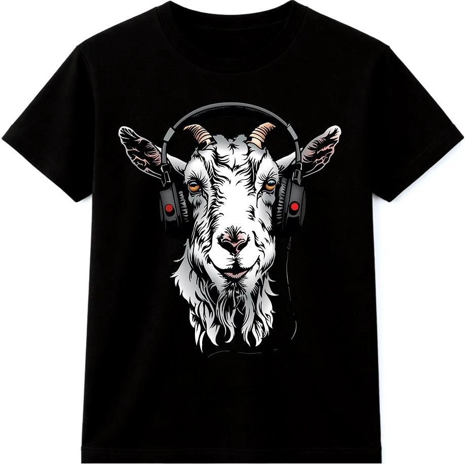 Goat T Shirt Headphones Graphic Tee Funny Animal Music DJ Goat Illustration Top S