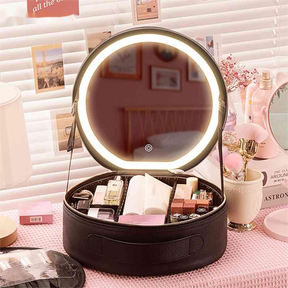 Circular Cosmetical Storage Case Vanity LookingGlass With Light Portable Large Capacity Cosmetic Bag Ladies Wash Bag