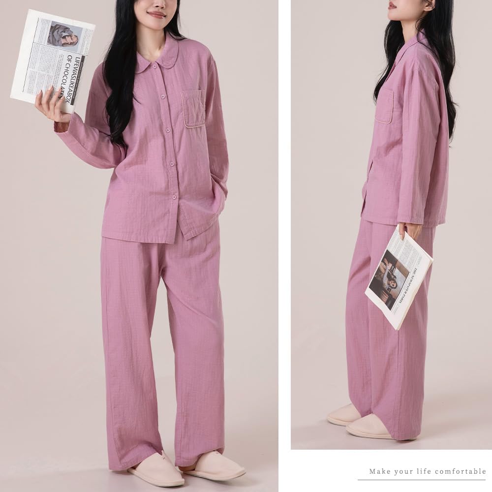 Yes Family Cotton Gauze Long Open Double Loungewear Size Pink Women's 100% Pajamas, Sleeves, Front, Gauze, Set, Autumn, L,