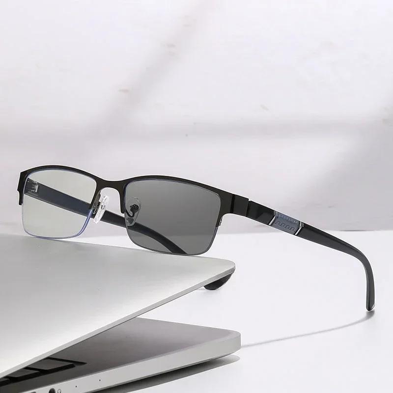 Blue Light Glasses Photochromic Sun Eyewear Half-frame Business Multifocal Presbyopia Glasses Diopter To +4.0 Eyeglasses for Men