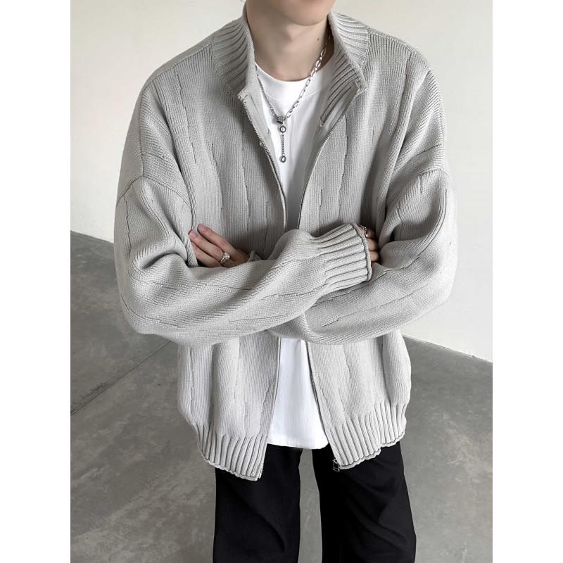 Men's Solid Color Zipper Cardigan Sweater - Autumn & Winter Loose Knit Outerwear