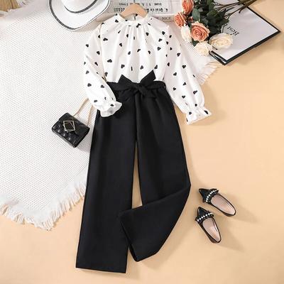 Autumn  Girls Outfit 8-12 Years Girls Long Sleeve Shirt with White Heart + Black Wide-Leg Pants Pastoral Retro Kids Suit