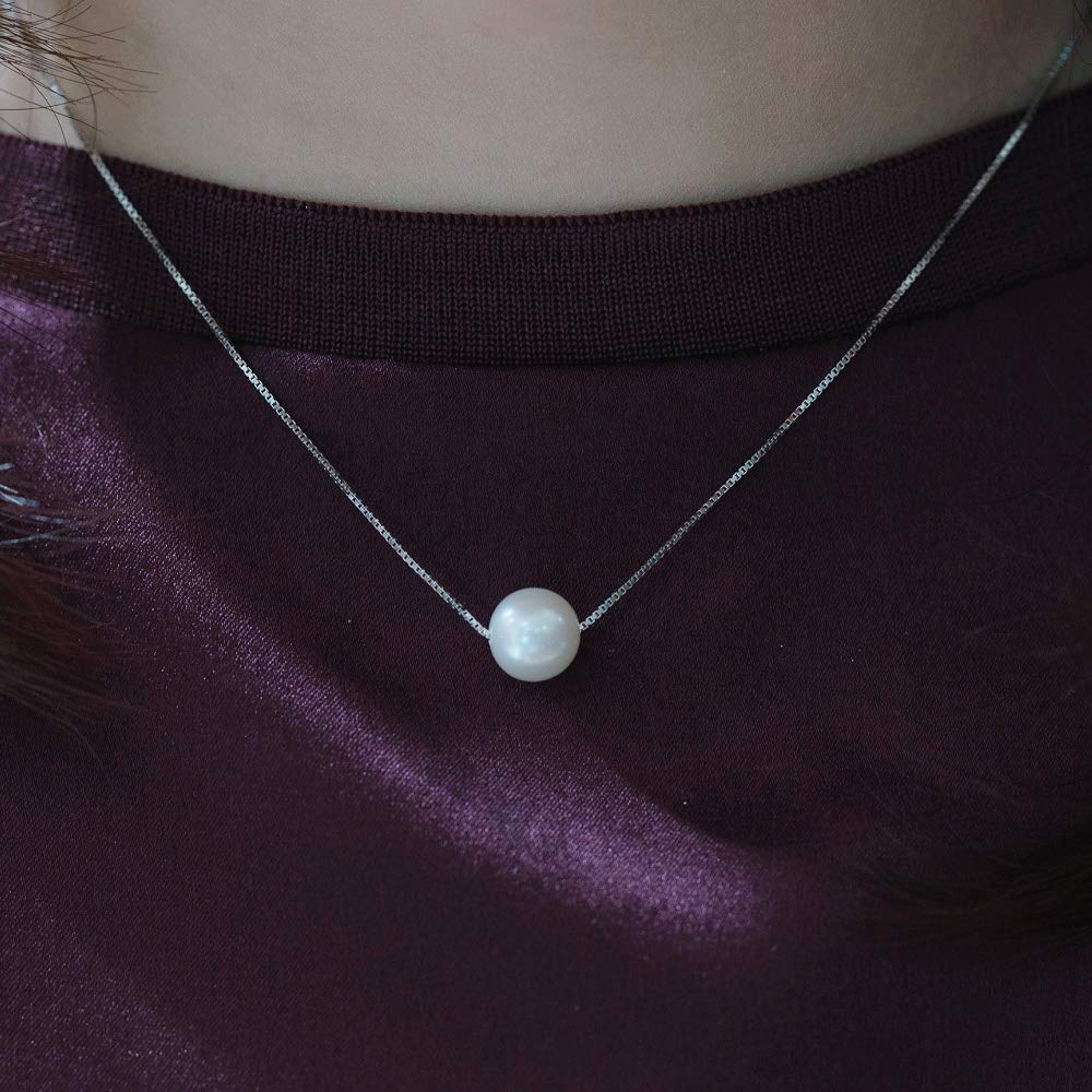 [ZIMO] White Pearl Chain Necklace with 925 Sterling Silver Accessories, Single Freshwater Pearl Pendant