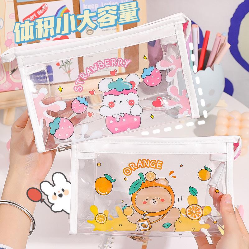 Transparent Cartoon Pencil Case: Large Capacity, Korean Style, for Junior/Senior High School Students, Triangle Makeup Bag