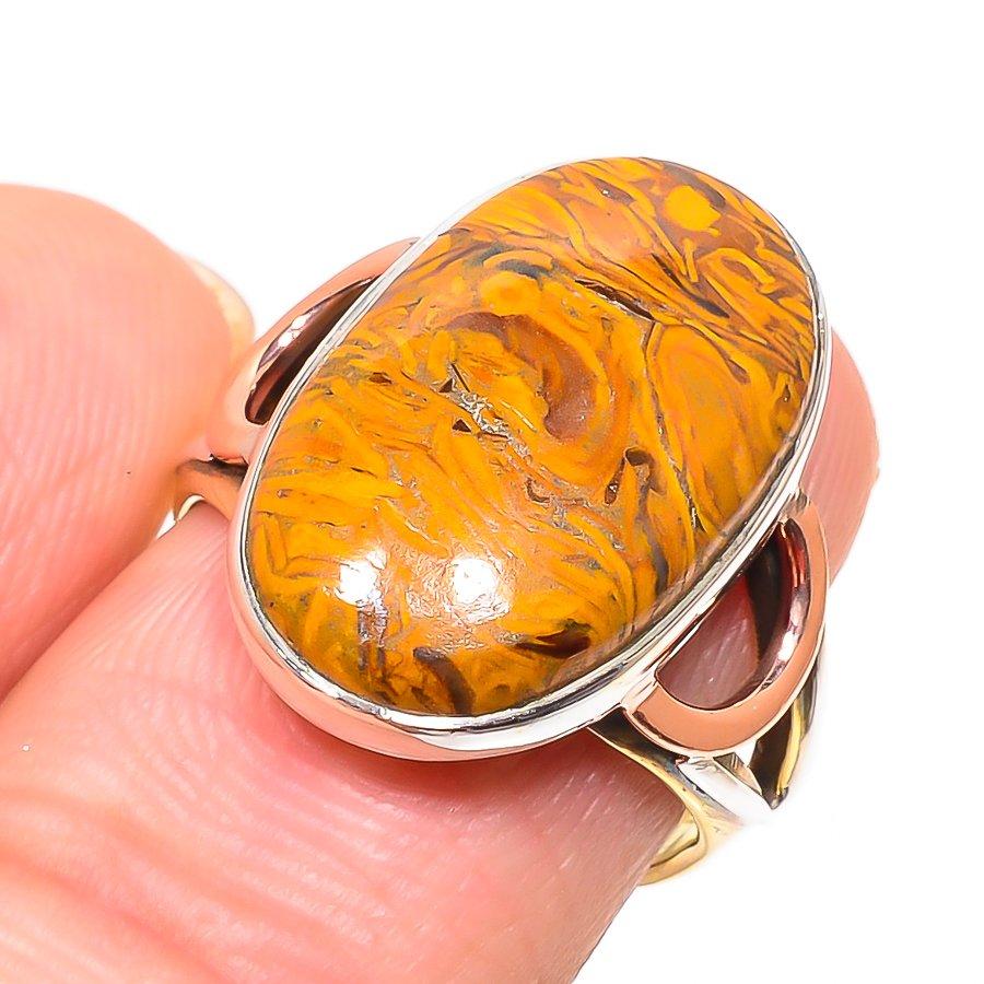 Natural Maryam Jasper Gemstone Two Tone 925 Sterling Silver Gift Ring S.7 j4W78