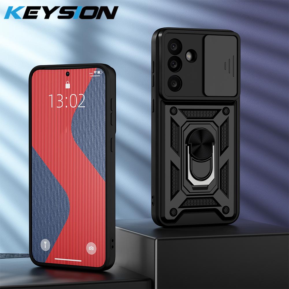 KEYSION Shockproof Case for Samsung M56 5G Silicone+PC Slide Camera Protection Ring Stand Phone Back Cover for Galaxy F56 5G