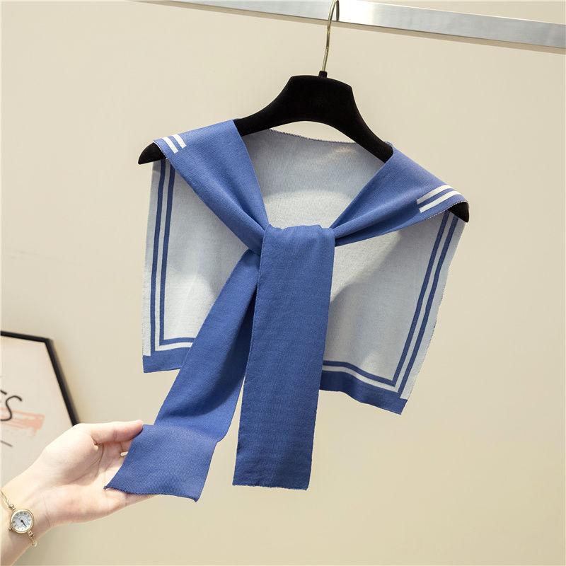 Cape d'épaule en tricot de laine rayée bleu collège coréen Châle chaud noué Protection cou pour chambre climatisée d'été Foulard pour femme T56