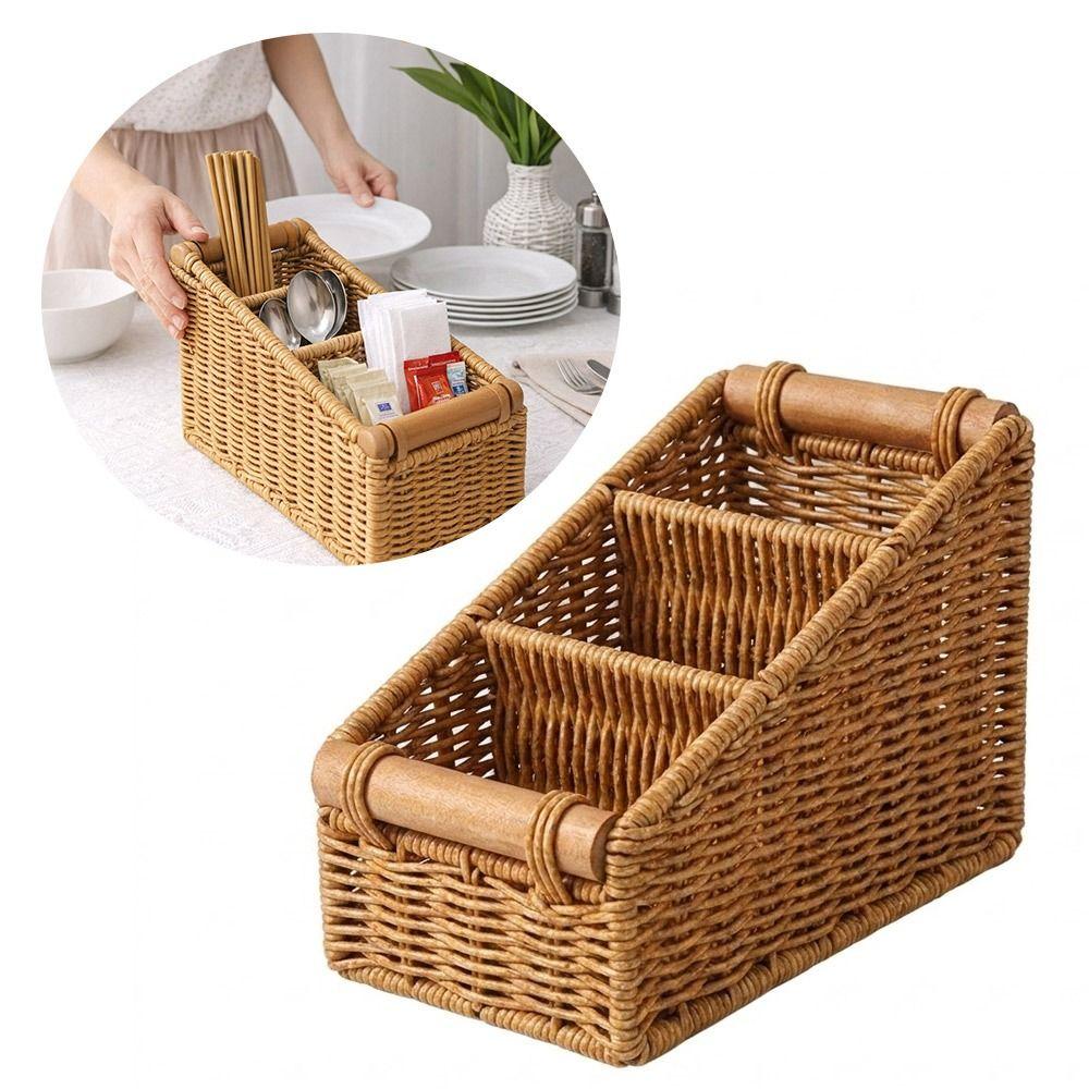 Multi-porpose Compartmentalized Storage Box Brown Plastic Sundries Organization Box Divided Grids Bevel Step Weaving Basket