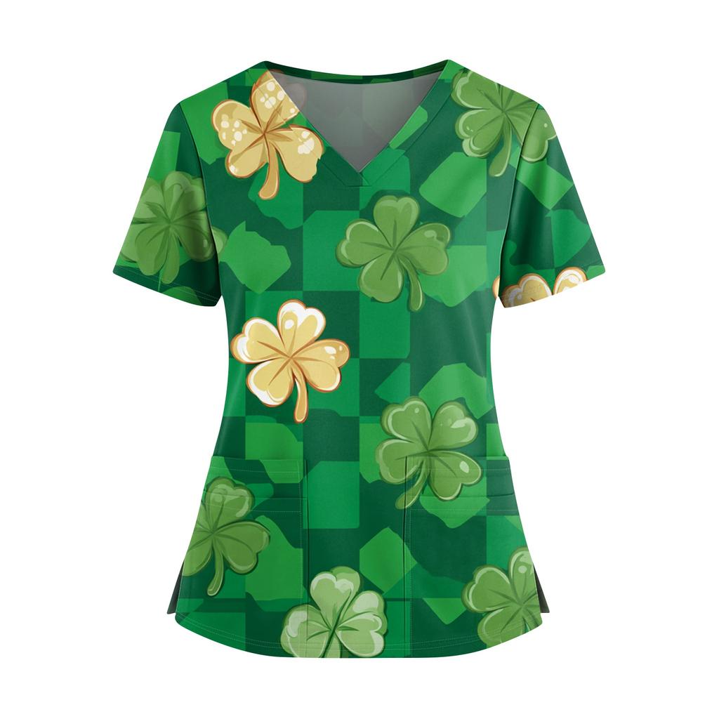 Frauen St. St. Patrick's Day Druck V-Ausschnitt Doppeltasche Kurzarm Uniform Oberteil mit geschlitztem Saum