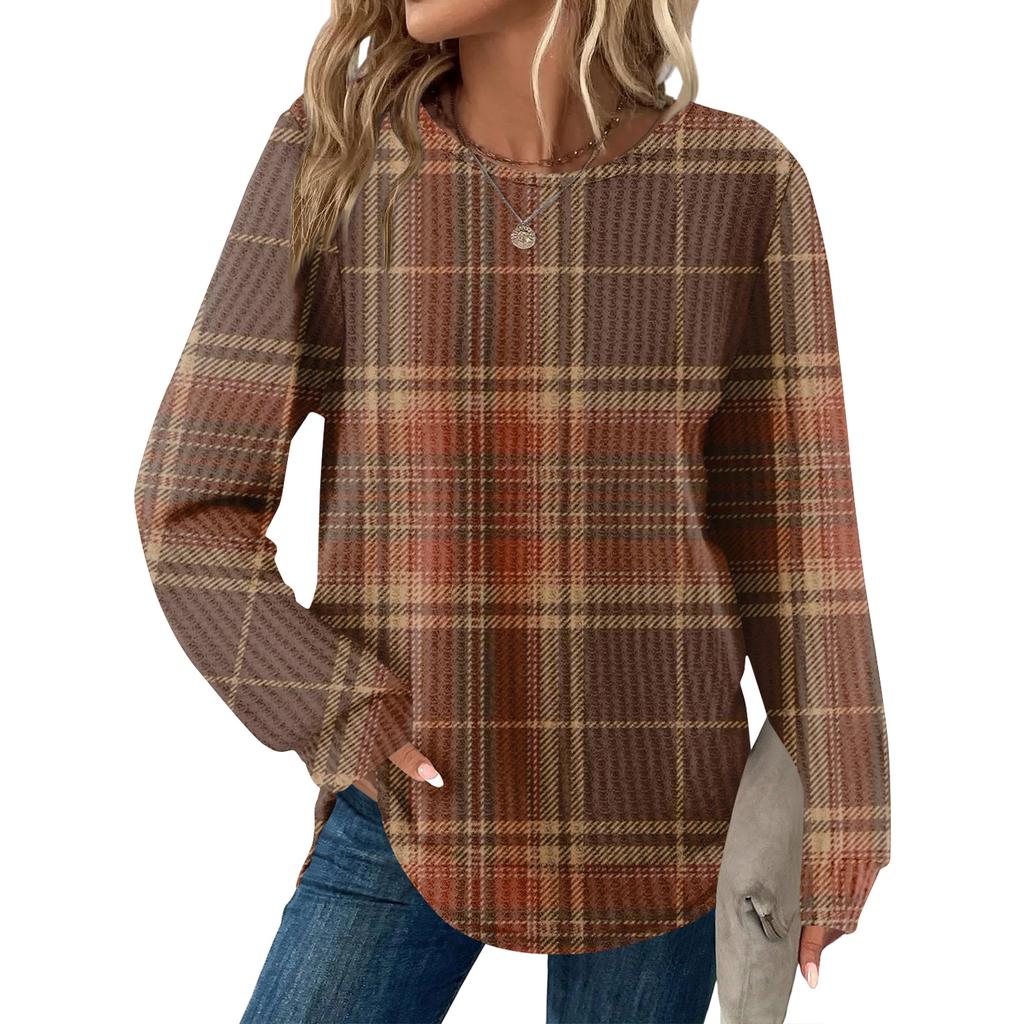 Women's Plaid Print Round Neck Long Sleeve Casual Loose Top