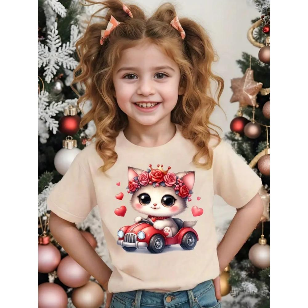 Ubrania dla dziewczynki Kawaii Wzór kota Nadruk Lato Krótki rękaw Bluzki Casualowa Moda T-shirt Outdoor Lekka Odzież dziecięca