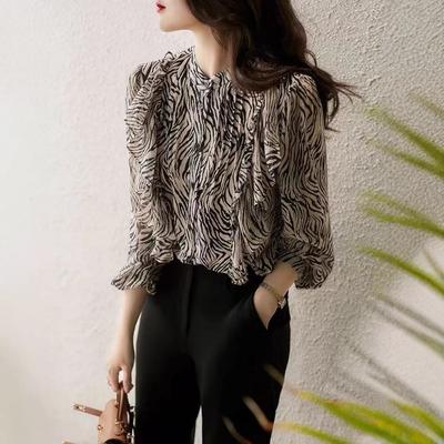 Chemise en mousseline ample à volants pour femme, manches longues, section fine, printemps et été, rayée, tempérament, navetteuse