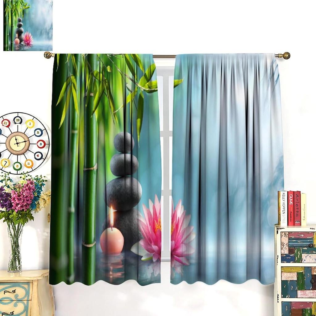 Garden Zen Stone Blackout Curtains   Zen Stones Spa Theme Green Bamboo Pink Flower Candle Window Drapes   for Bedroom Living Room
