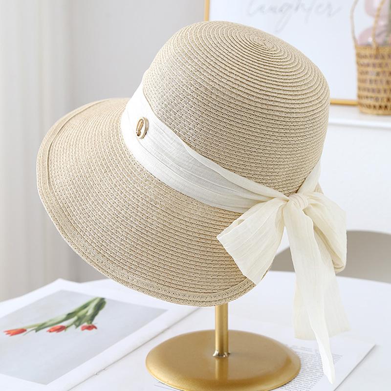 Elegant Webbing Big Eaves Sunshade Straw Hat Women's Summer Leisure Versatile Sunscreen Basin Hat Vacation Bucket Hat