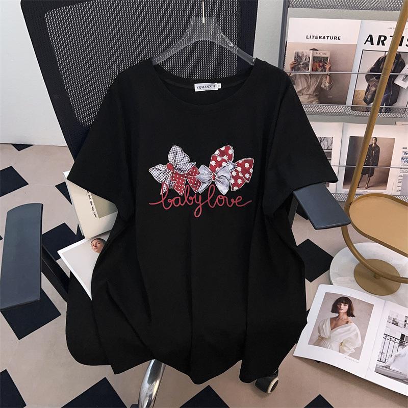Women's Plus Size Slimming Loose Fit Short-Sleeve Round Neck Mid-Length T-Shirt (200/300/350 Jin)
