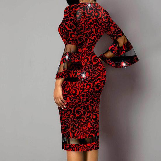 V-neck Net Yarn Stitching Midi Dress Waist Tight Fashionable Print 45720 Flare Sleeve