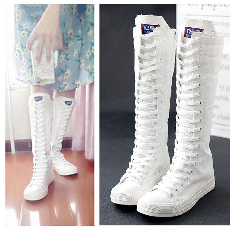 Herbst Frauen Schuhe Leinwand Casual High Top Schuhe Lange Stiefel Lace-Up Zipper Bequeme Flache Stiefel Turnschuhe