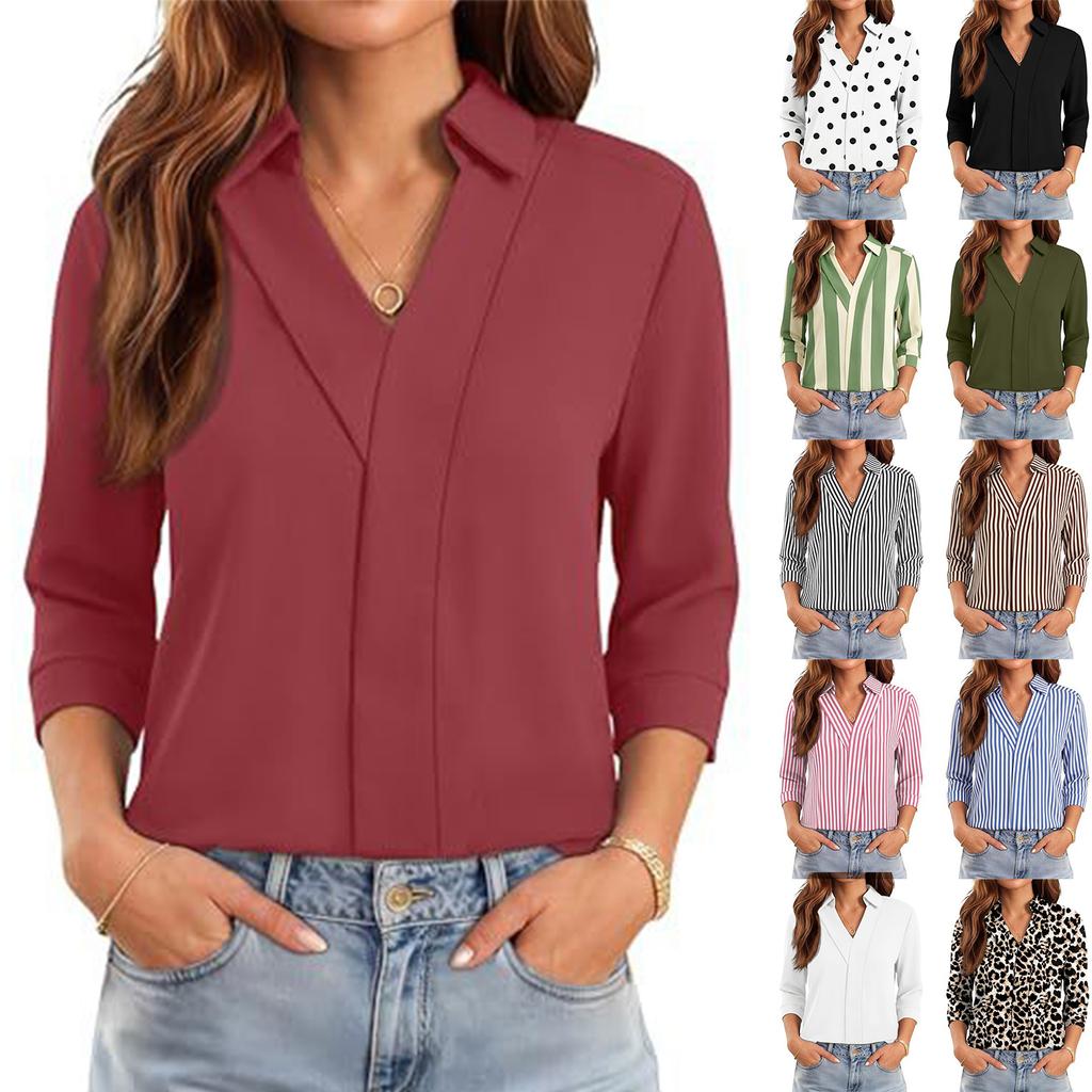 Damen V-Ausschnitt Gestreifte Bluse 3/4 Ärmel Business Casual Oberteil für die Arbeit