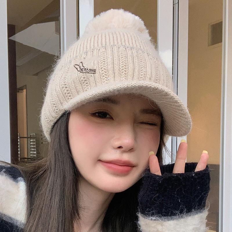 Rabbit Fur Hat Women's Winter Warm Knitted Baseball Cap with Fleece Anti Cold Yarn Hat Versatile Showing Off Small Face
