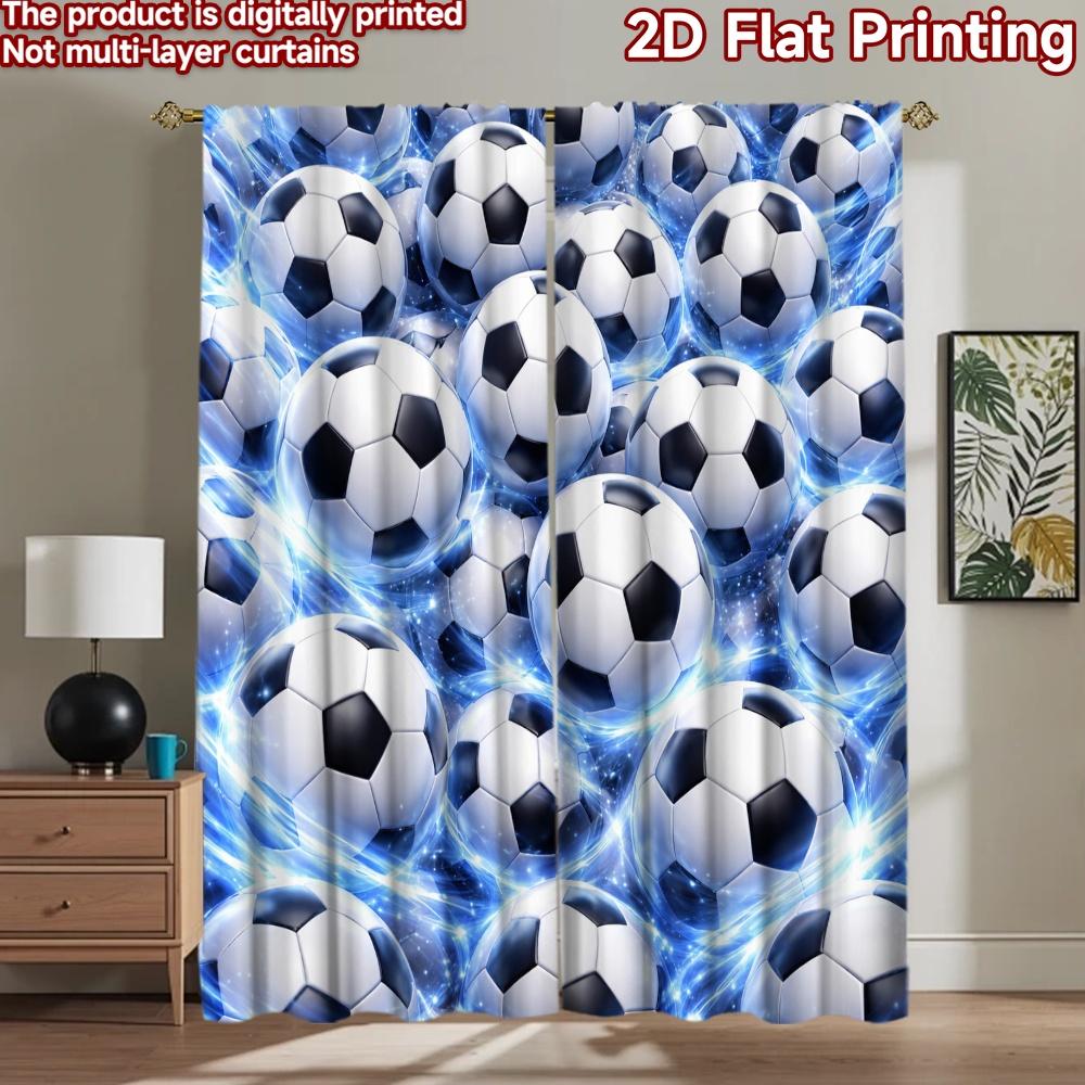 2D Flat Printing 2pcs Curtain Drapes Soccer Balls Glow Digital Printed Polyester Drapes Birthday Party Perfect for Holiday