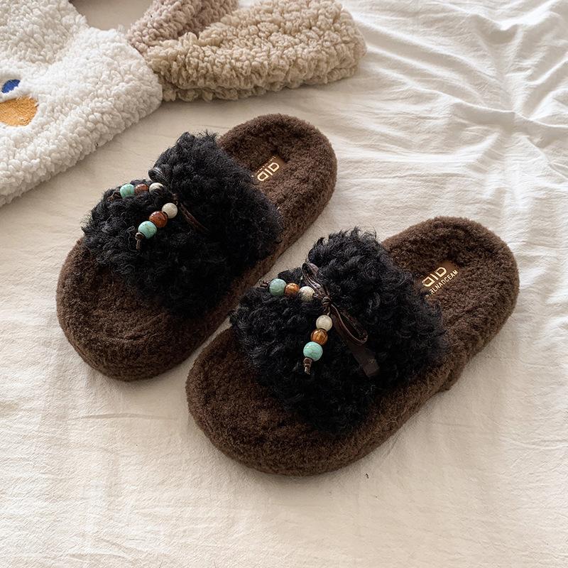 Retro thick-soled fluffy slippers women's outer wear 2025 autumn and winter new Korean version comfortable one-word bow women's slippers