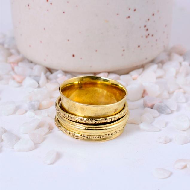 Two-Band Brass Spinner Fidget Ring | Woven Geometric & Floral Pattern | Unique Anxiety Relief Statement Accessory