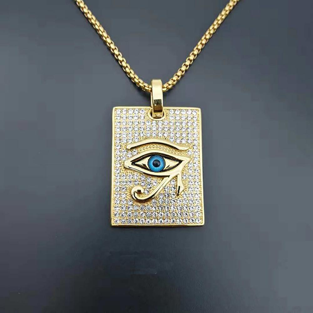 Egypt Iced Out Bling Oko Hórovo Přívěsek Zlatá Barva Nerezová Ocel Velký Čtvercový Náhrdelník pro Muže Egyptské Šperky Pánský Dárek 2025