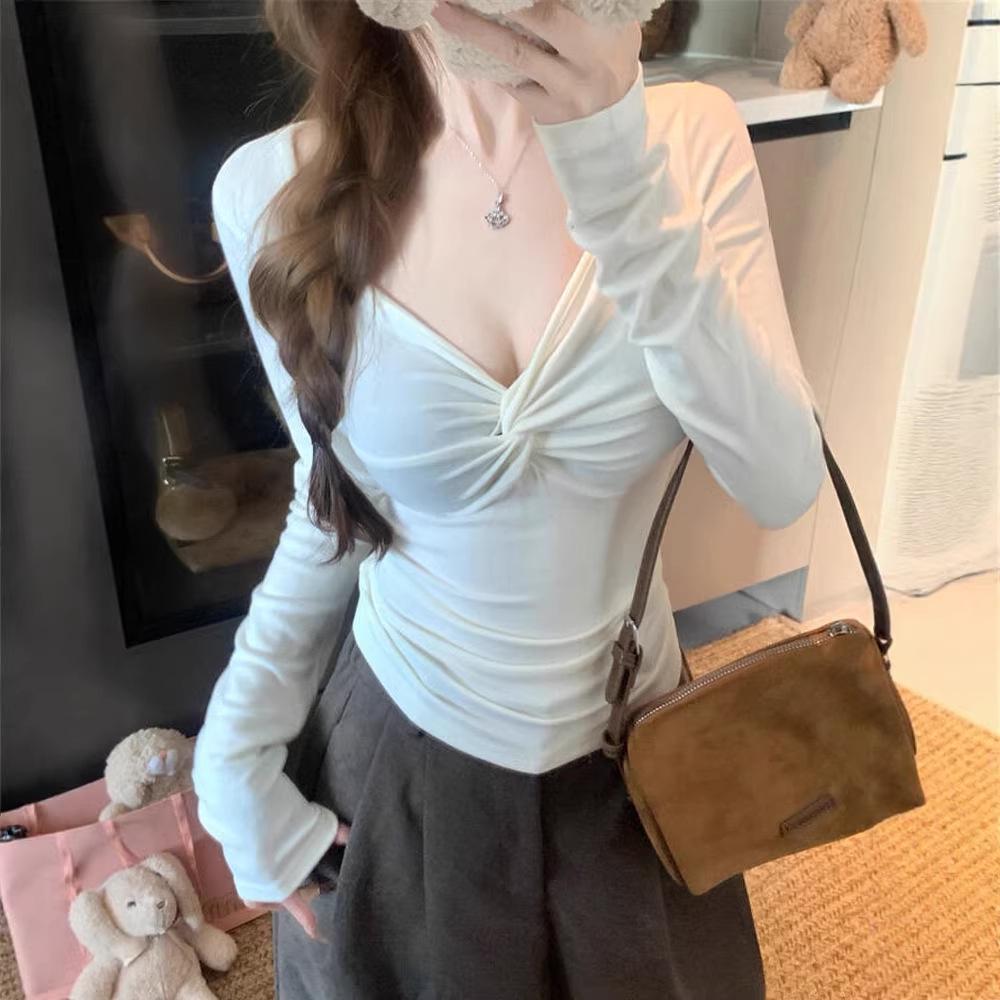 

Women s Korean V-neck Long-Sleeve Slimming Fleece T-shirt for Autumn/Winter Extra Large белый