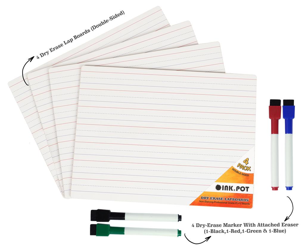 Inkdotpot Dry Erase Board For Kids Students 9 X 12 Double Sided Ruled Blank Dry Erase Lapboard W 4 Markers For Home School (4 Piece