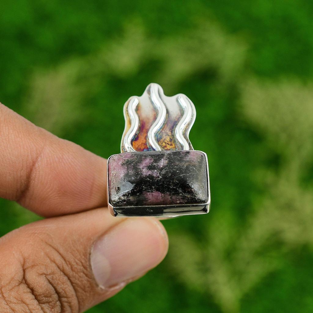 Wedding Gift For Her 925 Silver Natural Rhodonite Gemstone Stackable Ring Size 8