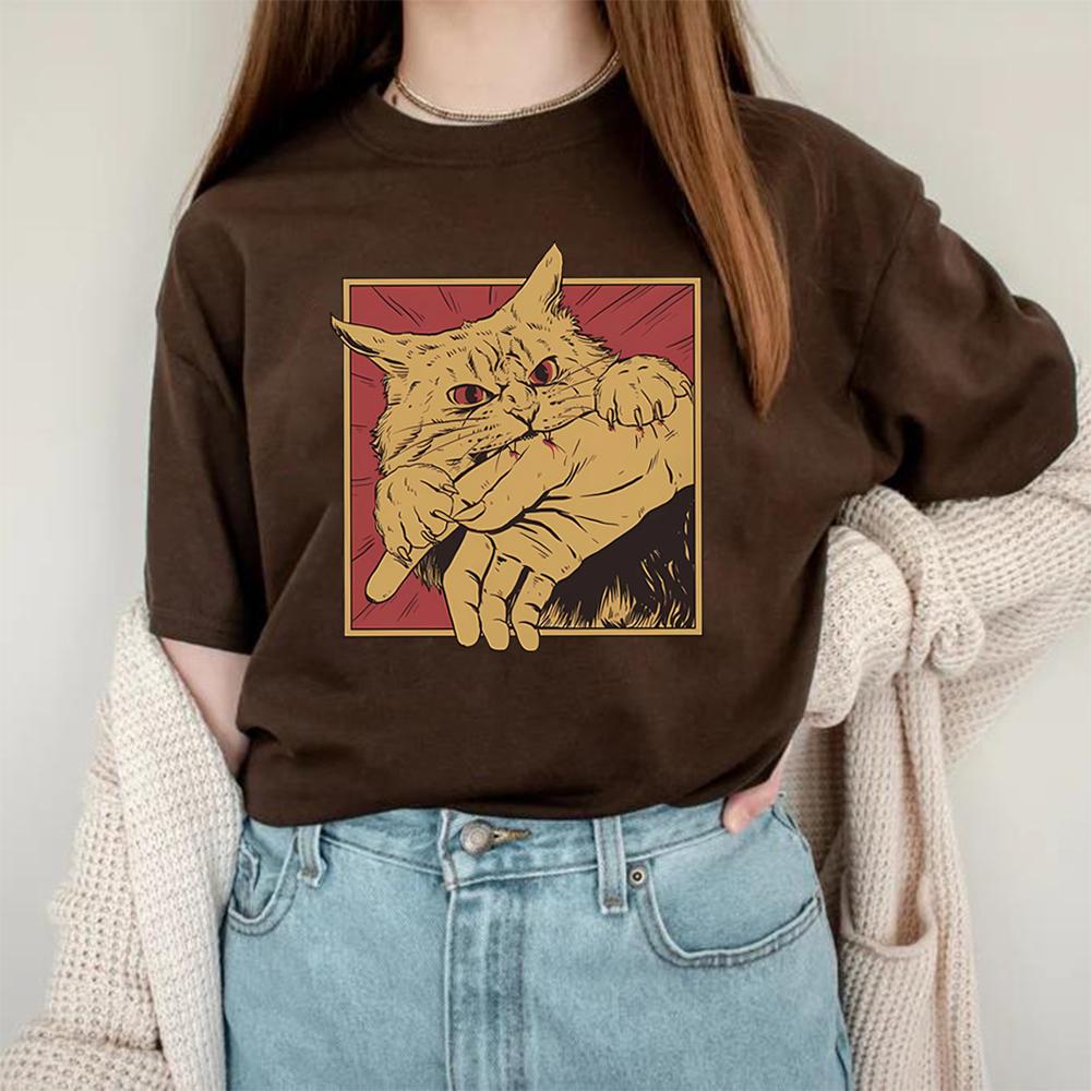 Vintage Cat Bite T Shirt Japanese Horror Anime Tshirt Horror Cat Tshirt Cats Crazy Shirts Unisex Retro Short Sleeve Tops