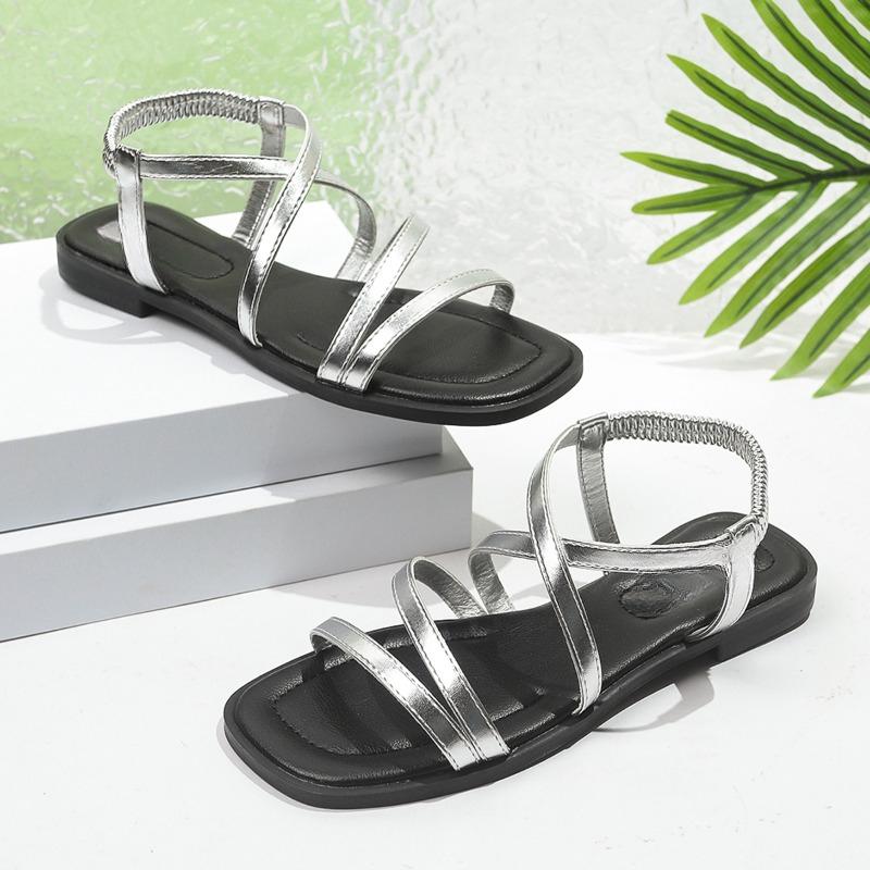 Fashion Flat Sandals Summer New Square Head Open Toe Thin with Metal Buckle Soft Sole Anti-slip Wear-resistant Large Size Women's Shoes
