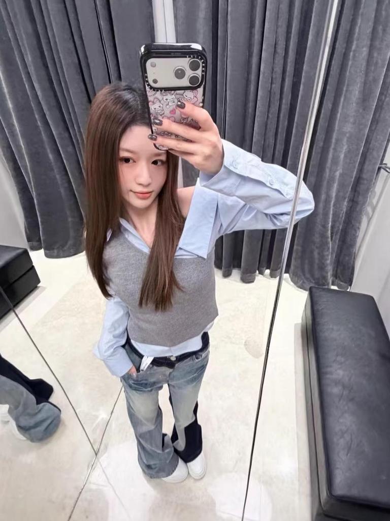 Nanyou Family Edition: Early Spring Off-the-Shoulder Shirt & Knit Vest Layered Two-Piece Set