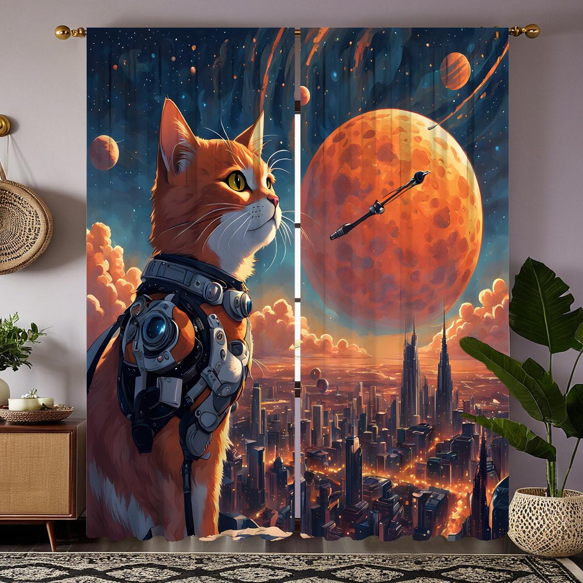 

2 шт. HD космическая Луна Робот Военный кот декоративная занавеска Желтая завязка цифровая печатная занавеска украшение дома стиль украшение гостиная W52H63inchW132H160cm