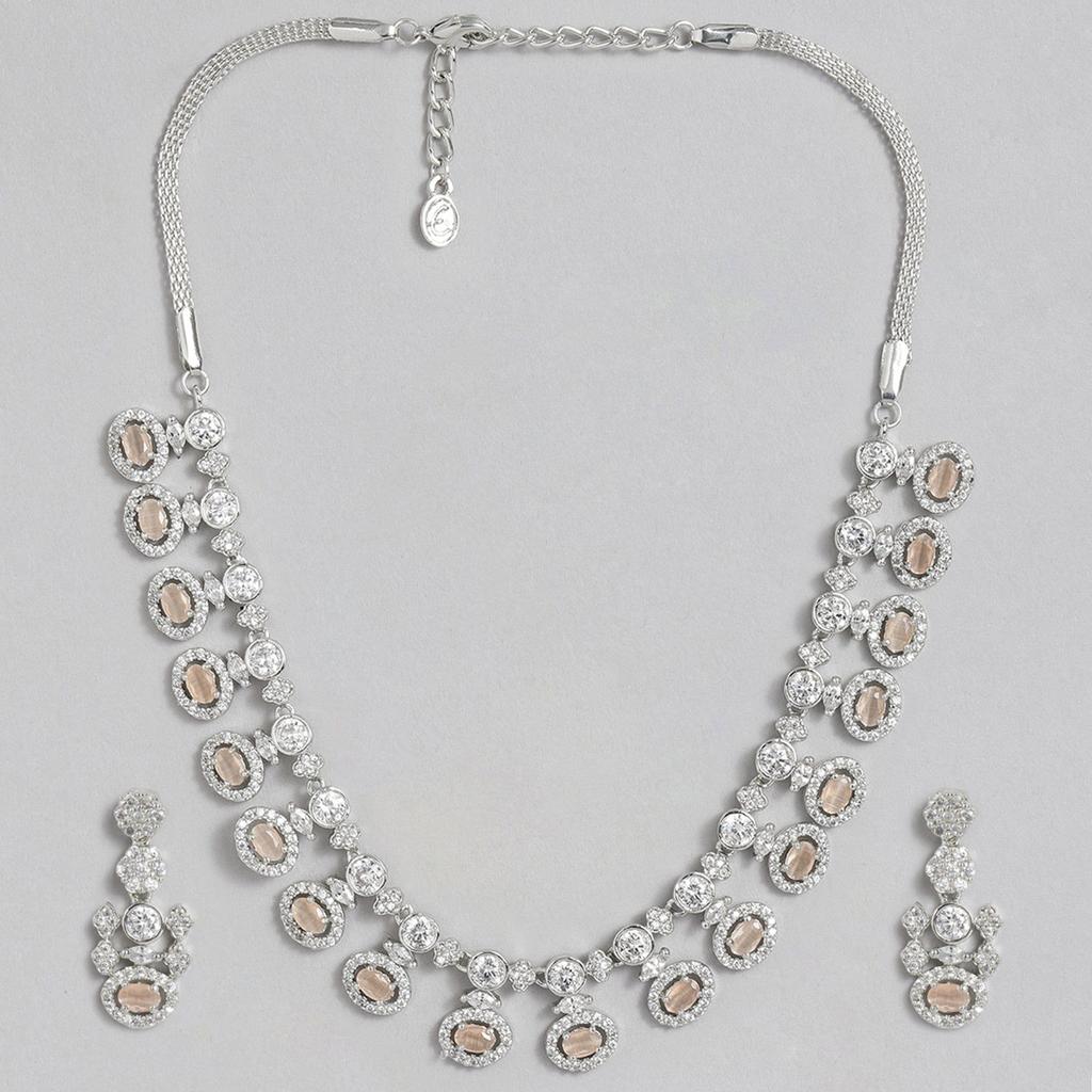 Estele Shimmering Zirconia Rhodium Plated Mint Orange Crystal Necklace Set for Women