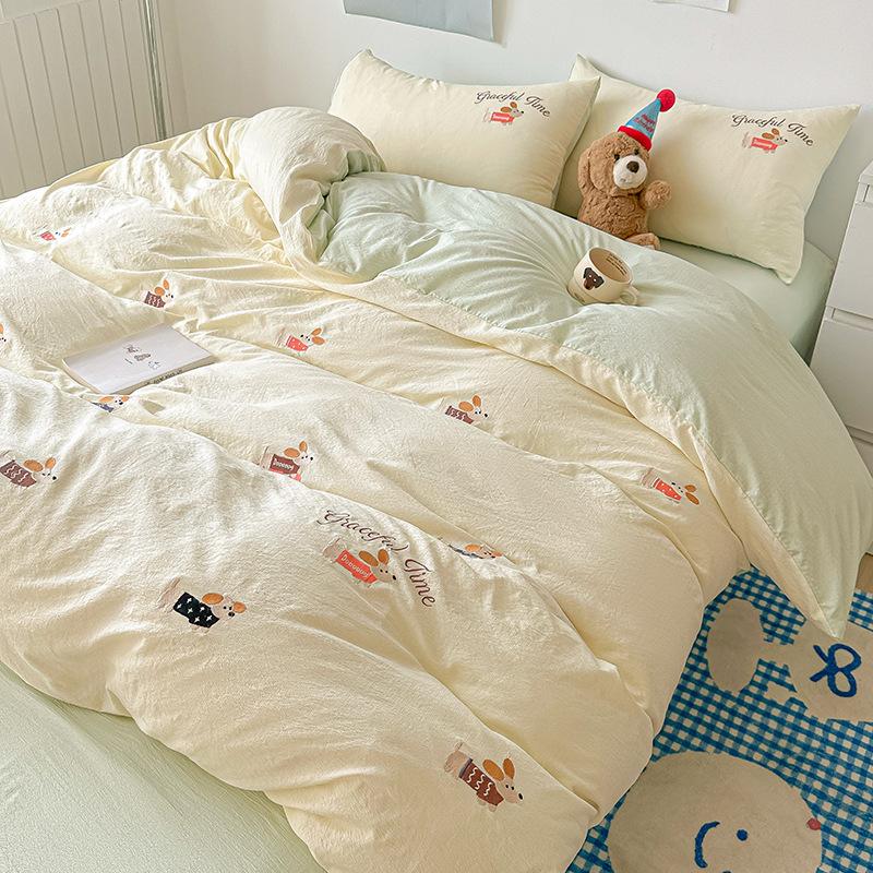New bed four-piece set cartoon embroidery design student dormitory bed sheet quilt cover three-piece set machine washable