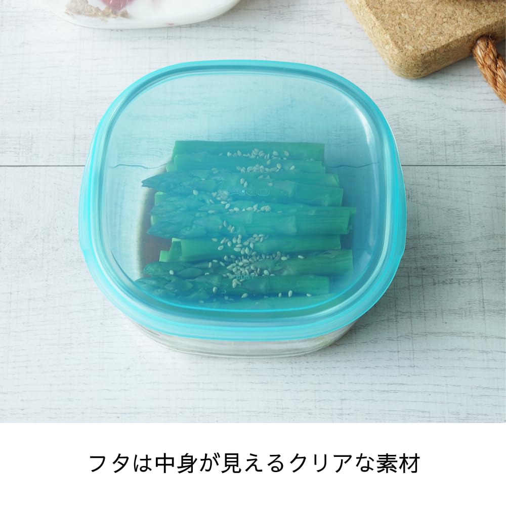 HARIO Recipient de depozitare din sticlă rezistentă la căldură, pătrat 600 ml, set de 3, rezistent la cuptorul cu microunde, albastru turcoaz transparent, KST-3008-TAQB