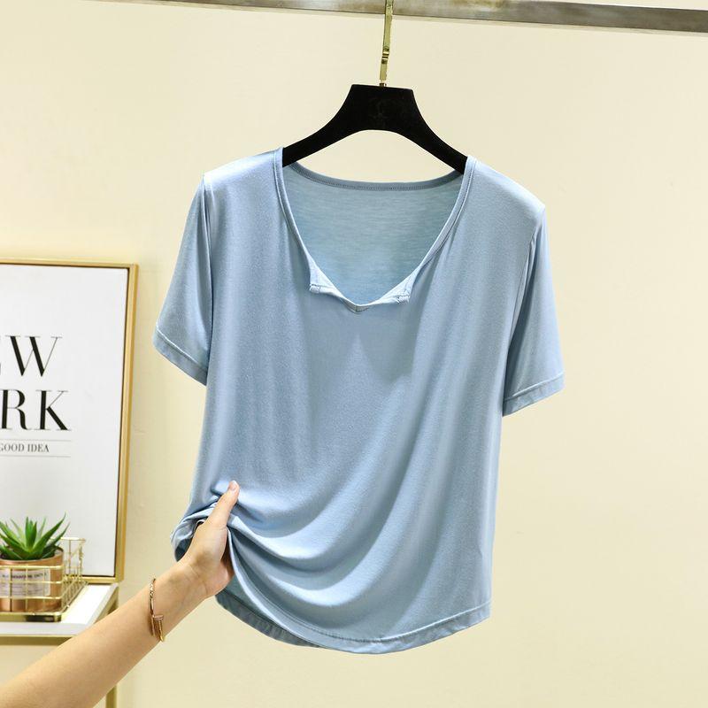 

Летняя модальная футболка с коротким рукавом 2025 года, женская, свободного кроя, больших размеров, тонкая, с V-образным вырезом, топ, легче всего сочетать, футболка, майка Blue 2XL (70.00 kg-82.50 kg recommended