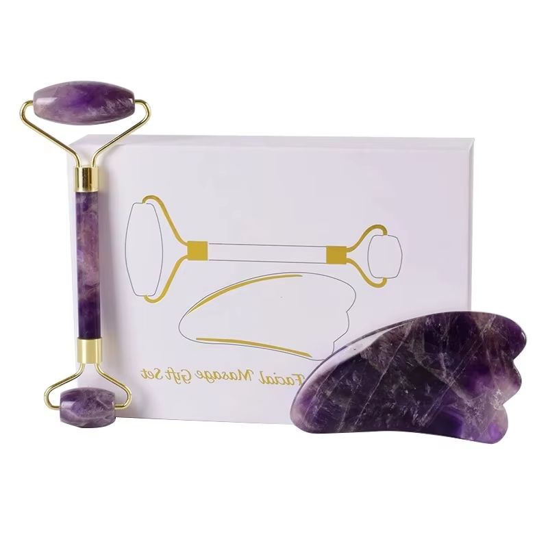 Natural Amethyst RollerJade Set Real Jade Gouache Scraper Jade Massager Gua Sha Board Facial Massager Face Horn Massages Roller