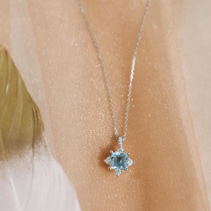 S925 Sterling Silver Aquamarine & Topaz Necklace - Four-Prong Clavicle Chain with French Style for Women, 2021 Design