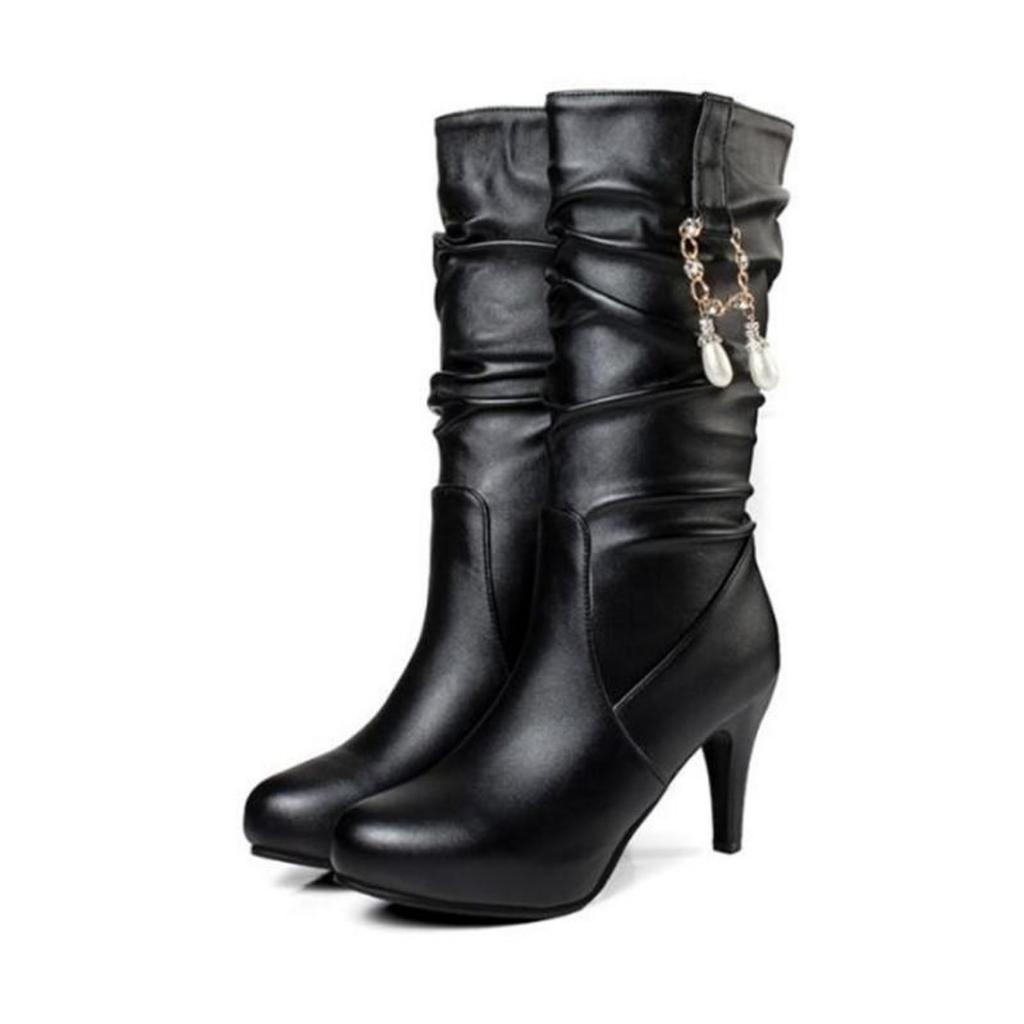 Elegant White Mid-calf Boots Autumn Winter Women Boots Ladies Slip-on Luxury Thin High Heels Party Office Shoes Woman Size 34-43