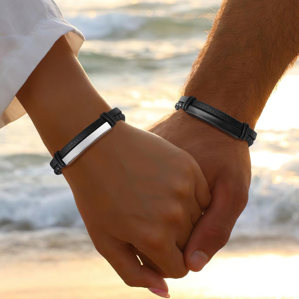 Mens Leather Bracelets Adjustable,Personalized Stainless Steel Bangle Multi Layer Learther Wristband,Gift for Father Dad Husband