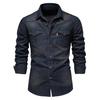 Men Denim Shirt Solid Color Multi Pockets Spring Summer Single Breasted Turn-down Collar Shirt for Office