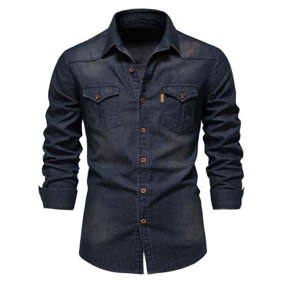 Men Denim Shirt Solid Color Multi Pockets Spring Summer Single Breasted Turn-down Collar Shirt for Office